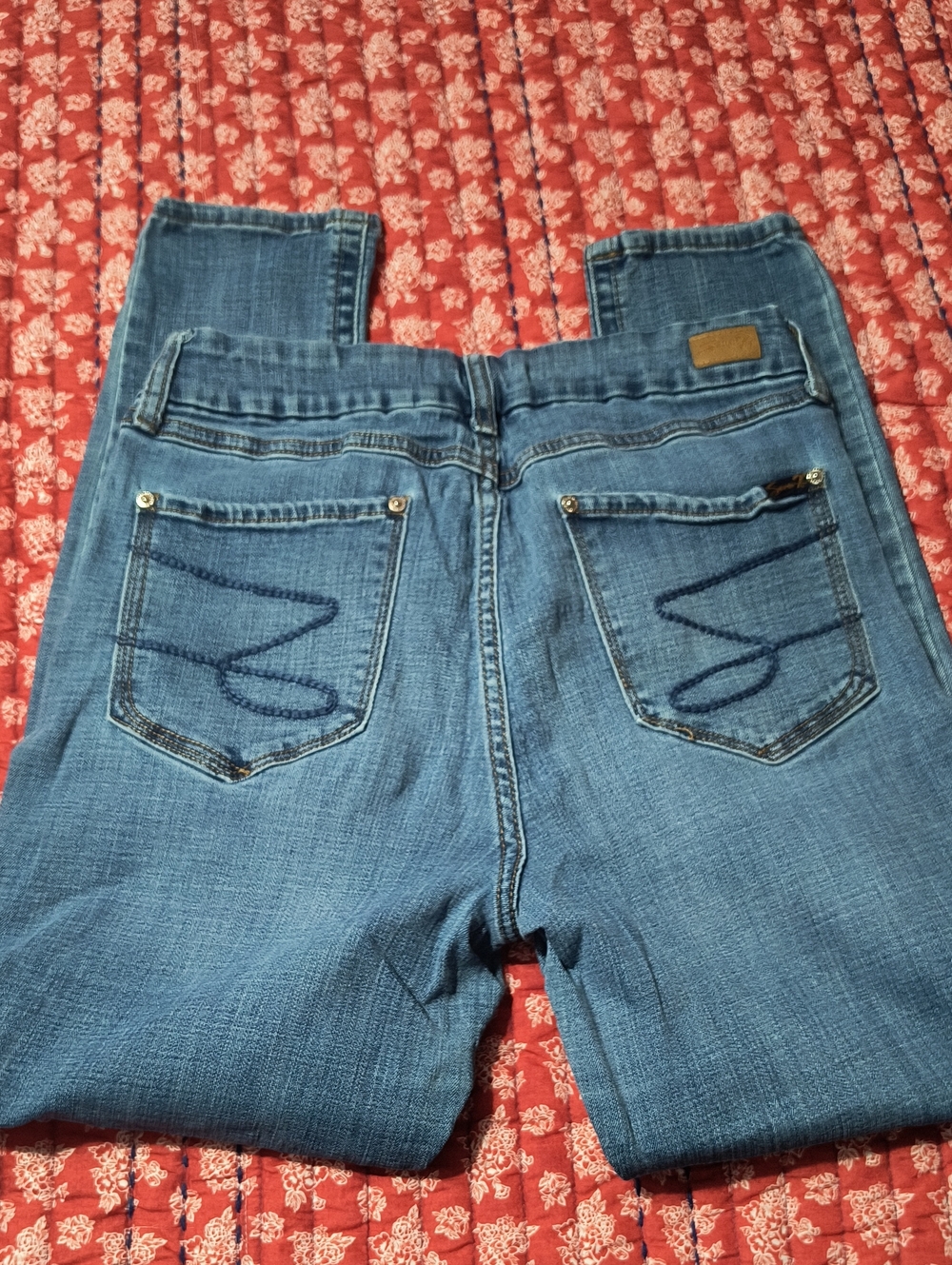 Seven 7 Straight Leg Denim Jeans in Medium Blue with Embroidered Back Pockets
